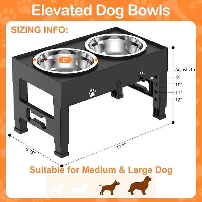 Elevated Dog Bowls with 2 Stainless Steel Bowls, 5-Height Adjustable Stand (3.1", 9" to 12"), for Improved Digestion & Neck Support, Easy Clean, Non-Slip Base Raised Feeder for Medium Large Dogs - Image 5