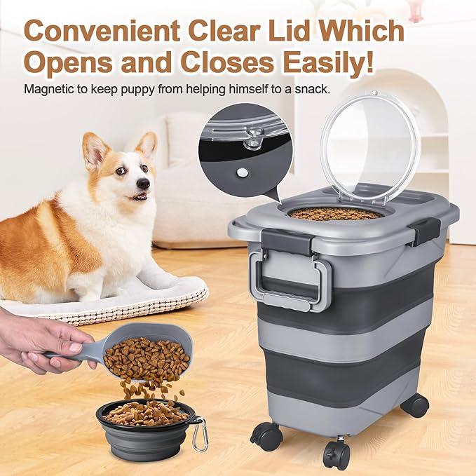 Dog Food Storage Container，23-25 lbs Airtight Collapsible Cat Food Storage Container with Attachable Wheels, Portable Handle, Dog Food Scoop for Dog Cat Bird Pet Dry Food Storage Bin Dark Grey - Image 4