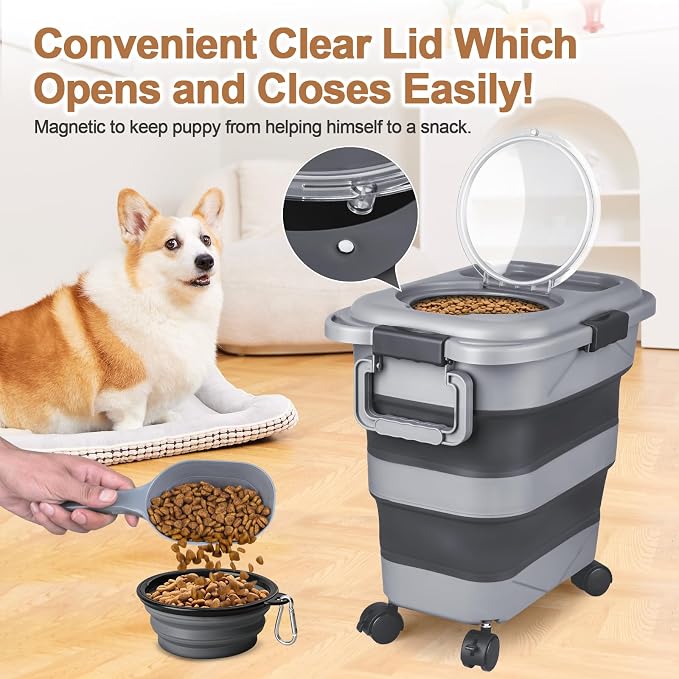 Dog Food Storage Container，2 Pack 25 lbs Airtight Collapsible Cat Food Storage Container with Attachable Wheels, Portable Handle, Dog Food Scoop for Dog Cat Bird Pet Dry Food Storage Bin Large - Image 4