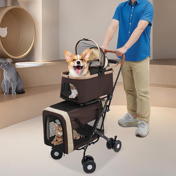 Double Dog Stroller with 4 Wheels, Foldable 3-in-1 Cat Pet Stroller with 2 Detachable Carriers,Reversible Handle, Steel Frame, Safety Belt for Small Medium Dogs Cats(Coffee Color)
