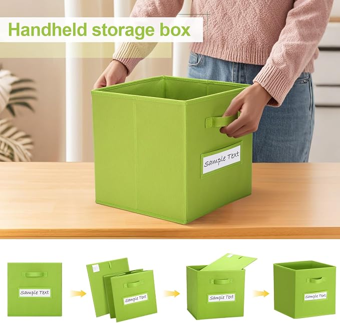 13x13 storage cube bins (Set of 10) Foldable Fabric storage cubes with 10 Labels Window Cards & a Pen,13 inch cube storage bins,Closet Organizers for Shelves,Cubby Organizer Boxes,lime green - Image 4