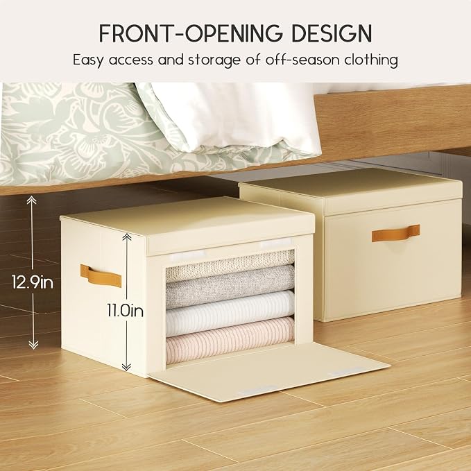 Homsorout Large Storage Bins with Lids - Front Opening Fabric Storage Bins, Flap Closet Organizer with Handles, Collapsible Boxes with Lid, Decorative Basket for Home, Dorm, 2 Pack, Beige - Image 2