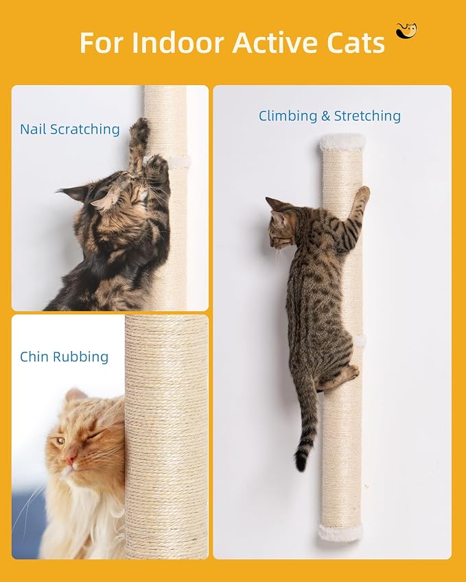 Aechonow 34" Cat Scratching Post, Sisal Wall Mounted Cat Scratcher for Cats | Cat Wall Climber, Cat Wall Scratcher, Cat Wall Furniture for Indoor Cats, Natural Sisal, Tall & Sturdy, Rabbit Velvet - Image 2