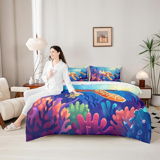 Erosebridal Turtle King Size Comforter Set with Sheets, Marine Life Bed in A Bag for Kids Teens Youth Adults Bedroom, Underwater World Sea Animal 7 Pcs Bedding Set, Colourful Coral Bed Sets - Image 6
