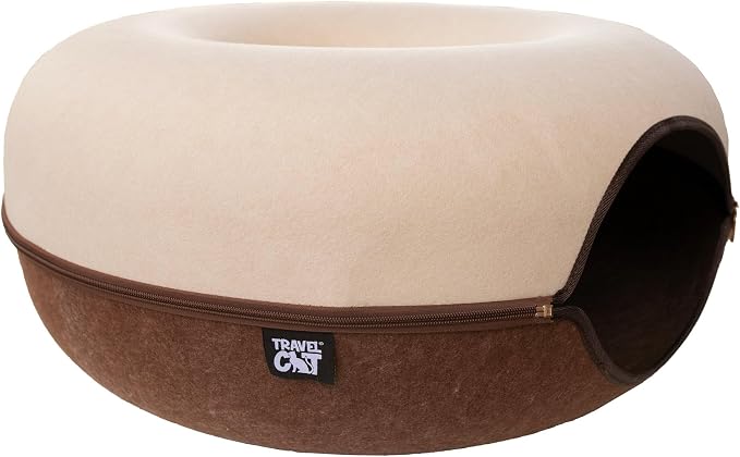 Travel Cat Tunnel Bed Cave - 21 Inch Large Premium Round Donut Cat Cave for Indoor Cats, Kitten - Detachable Cat Hideaway Cat Bed with Tunnel for Playing, Scratching, Sleeping (Chocolate & Cream) - Image 4