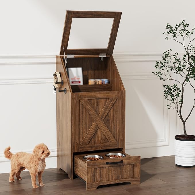 Dog Feeding Station with Storage Cabinet and 2 Elevated Dog Bowls, Hidden Pet Food Storage Organizer for Dog &Cat,Modern Dogs Furniture (Walnut) - Image 2