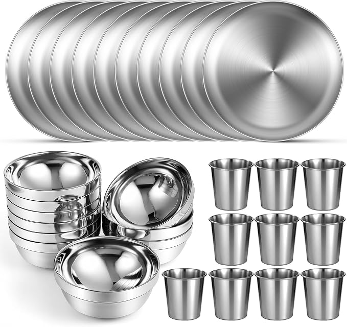 Sunnyray 10 Sets Stainless Steel Plates Bowls and Cups 304 Metal Camping Stainless Steel Dinnerware for Serving Reusable Double Walled Insulated Plates Bowls and Cups for Rice Ice Cream by Sunnyray