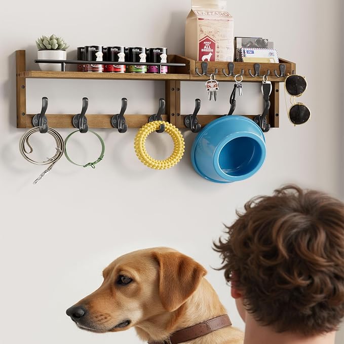 29 inch Coat Rack Wall Mount with Shelf, Entryway Wall Shelf with Hooks, Heavy Duty Coat Hanger Wall Mount with Key Holders and Mail Organizer for Living Room, Bedroom, Brown - Image 8