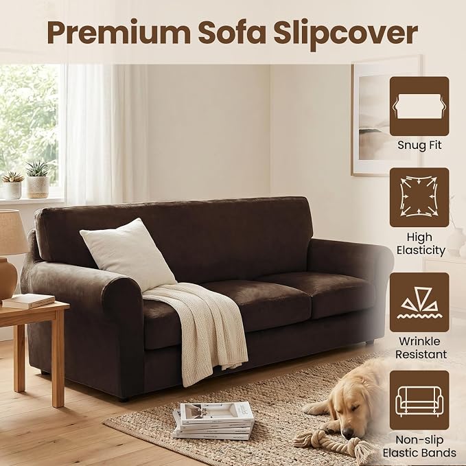 XINEAGE 3-Piece Velvet Sofa Cover,Couch Covers for Dog,Dark Coffee | 2 Cushion Sofa,Stretch Non-slip Elastic, Pet-friendly, Washable, Fast Setup, Soft Plush Fabric, Furniture Protector. - Image 2
