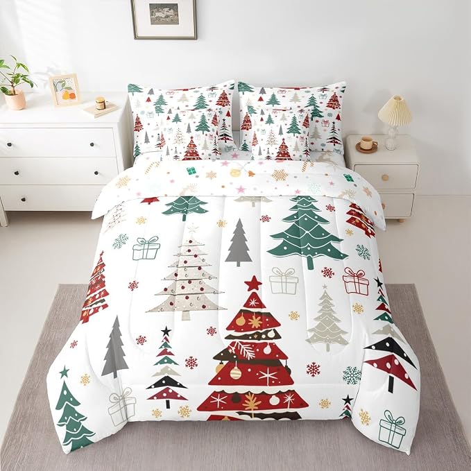 Erosebridal Christmas Bed in A Bag 7 Pcs Colorful Christmas Tree Comforter Set for Kids Teens Xmas Tree Snowflake Bedding Sets Queen Winter Xmas Ornaments Gift Sheet Set with Comforter - Image 3