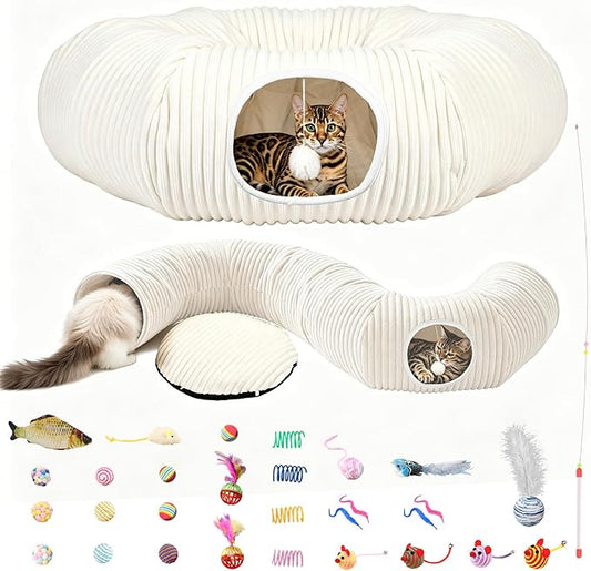 Cat Tunnel Bed with 30 Pcs Interactive Cat Toys, Cat Tube with Kitten Toys for Indoor Kittens, Collapsible Play Tunnel, White by Unknown
