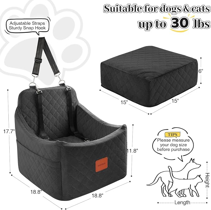 Small Dog Car Seat, Memory Foam Dog Booster Car Seats with Thick Cushion for Medium Dogs Under 35lbs, Detachable Washable Pet Seat with Storage Pockets,2 Safety Belts (Black, Medium) - Image 3