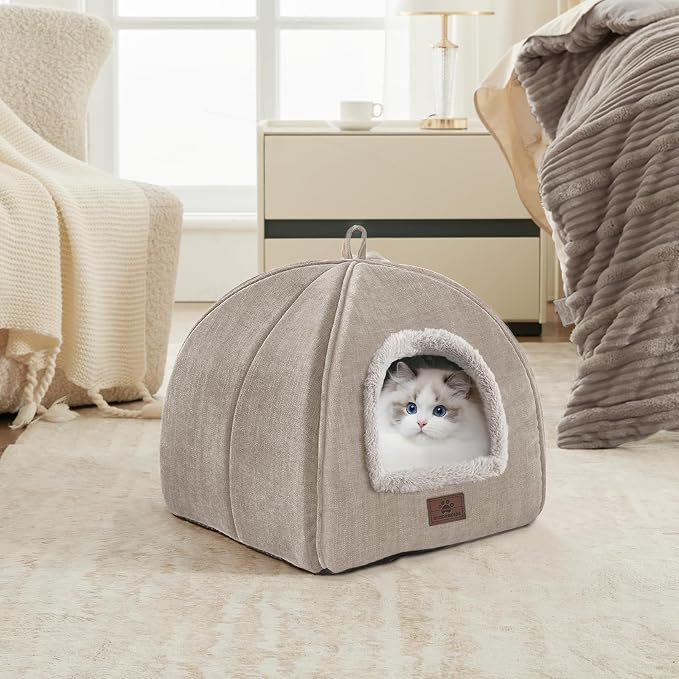 WINDRACING Cat Bed for Indoor Cats - Cat Cave Cat House Cats Tent with Removable Washable Cushioned Pillow, Soft and Self Kitten beds (Large, Beige) - Image 3