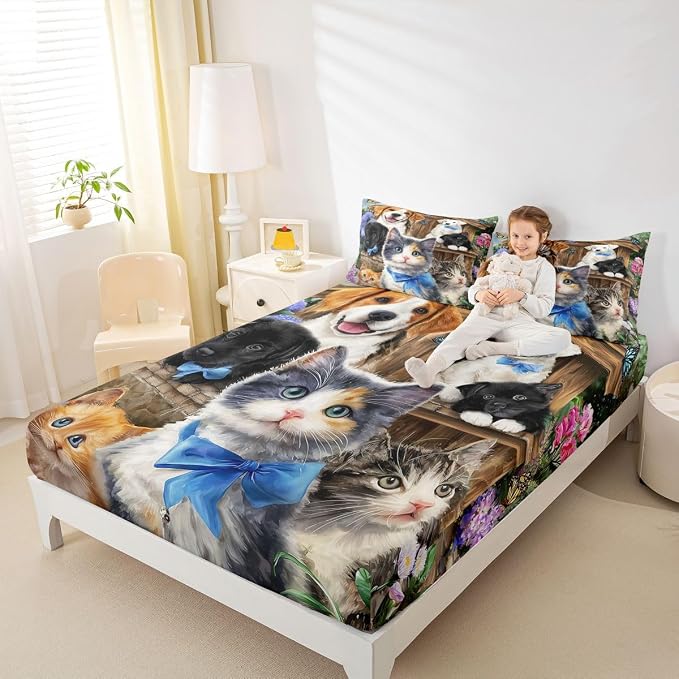 Cat Sheet Sets King Size for Boys Girls Kids Kawaii Bedding Cute Animal Pet Kitten Flat Sheet Lovely Kitten Puppy Fitted Sheet Cartoon Kawaii Dog Animal Design Toddler Bedroom Collection Bed Sheet - Image 4