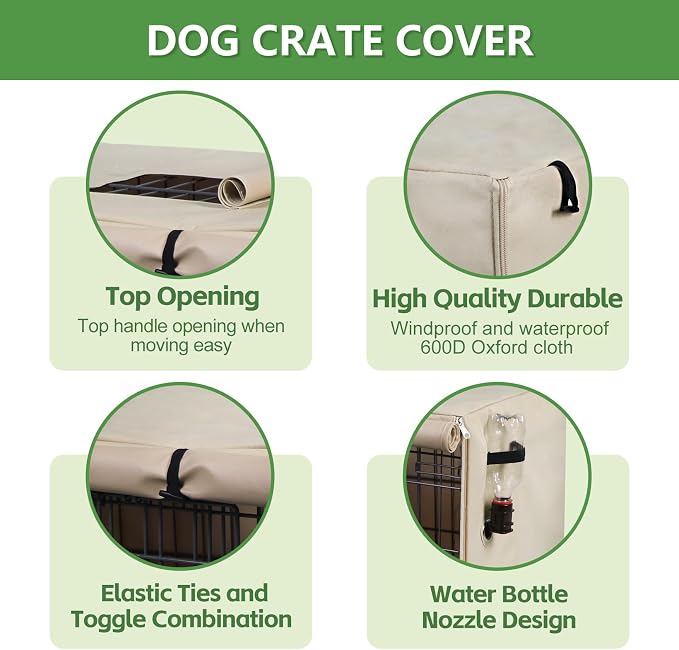 Dog Crate Cover Heavy Duty Oxford Fabric for 42-Inch Wire Crates | Beige Kennel Cover Only, Fits 1 & 2 Door Wire Cages, Provides Privacy & Comfort Space, Includes Water Bottle Sipper Tube - Image 2