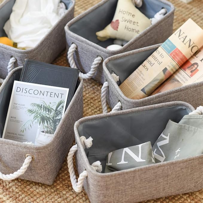 TheWarmHome Foldable Small Storage Baskets with Strong Cotton Rope Handles [6-Pack] Gray Collapsible Storage Bins Set Works Room Storage, Nursery Baskets - Image 6