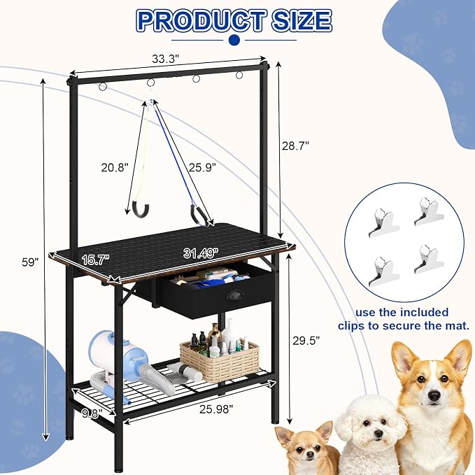 32 Inch Adjustable Dog Grooming Table with Drawer & Non-slip Removable Mat | Pet Grooming Table with Mesh Tray & EVA Protective Lanyard,Professional Grooming Table for small Dogs at Home - Image 9