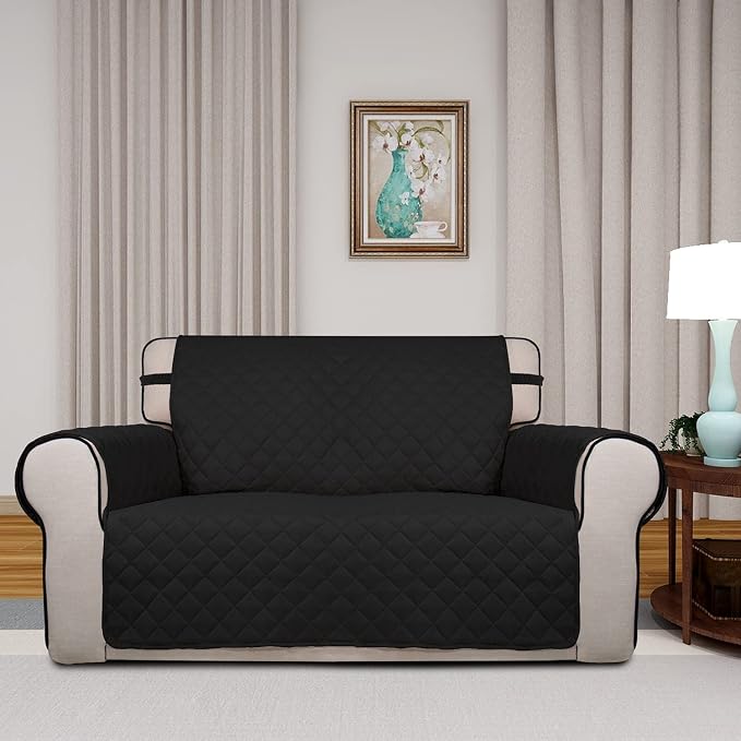 PureFit Reversible Quilted Couch Covers for Dogs Loveseat Sofa Cover 46.5” | Black/Black, Water Resistant Couch Protector, Washable Pet Couch Cover with Non Slip and Elastic Straps For Kids - Image 2