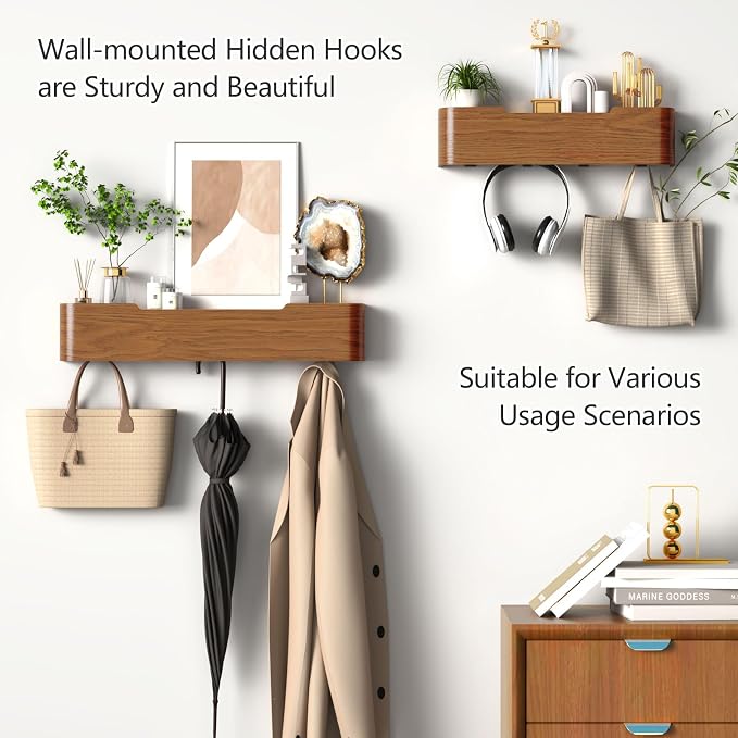 Coat Rack Wall Mount with Hidden Hooks Modern Key Holder Wood Entryway Hook with Shelf for Bedroom Kitchen Hallway Bathroom Designed for Hanging Coats Hats Bags Towel Dog Leashe(Walnut,4 Hooks) - Image 7