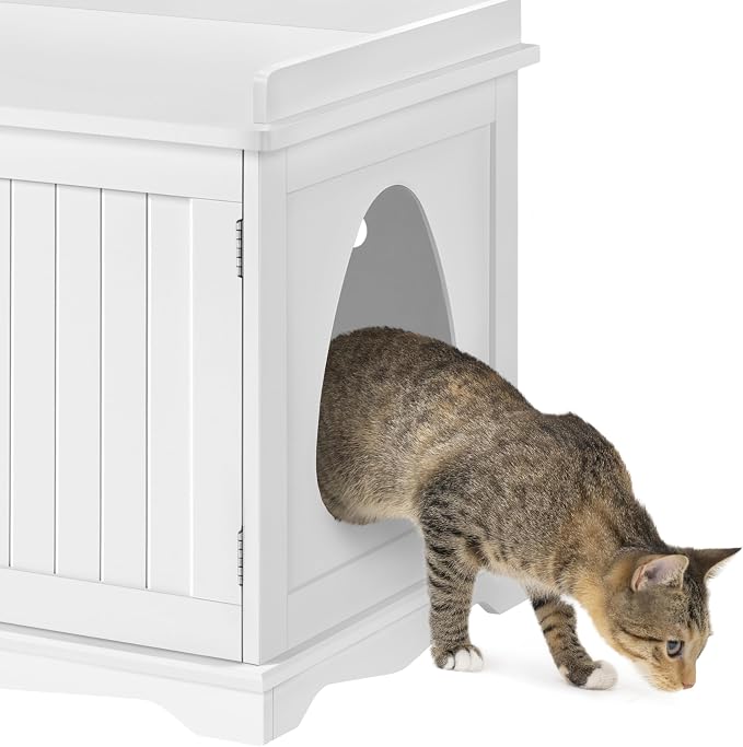 Yaheetech Cat Litter Box Enclosure, Hidden Litter Furniture, Cat Washroom, Pet Crate, Decorative Storage Bench Pet Side Table for Large Cat Kitty, White - Image 8