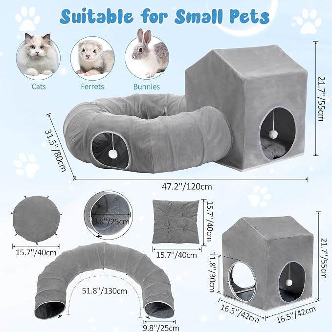 Pawaboo Cat Tunnel Bed for Indoor Cats, Cute Cat Donut Tunnel with Square House, Peekaboo Pet Cave Play Tunnels with Cave for Kitten/Rabbit, Dark Gray - Image 2