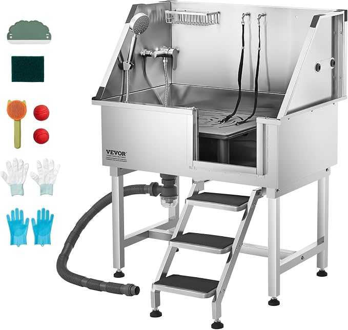 VEVOR 38 Inch Stainless Steel Dog Washing Station, Pet Grooming Tub with Hot & Cold Faucet, Showerhead, Home Wash Sink, Fits Small and Medium Cats and Dogs, Non-Slip Stairs (Right Door) by VEVOR