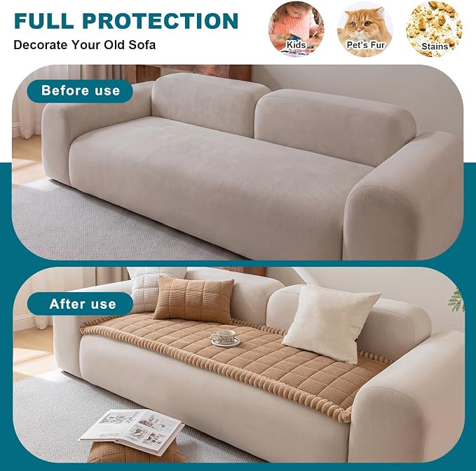 KRFOONN Couch Cover for Dogs Washable Pet Couch Covers for 2 Cushion Sofas Non-Slip Dog Sofa Protectors Cushion Covers Soft Sofa Slipcovers Cushion Protector for Pets (Style B-Khaki, 27.6" x 70.9") - Image 4