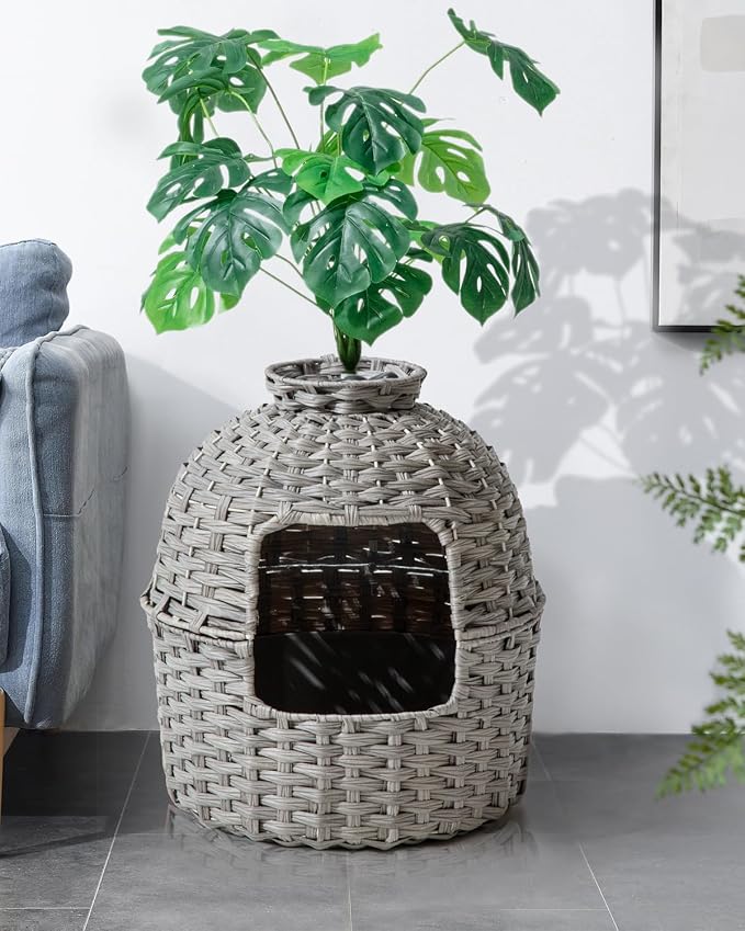 SETVSON Cat Litter Box Plant Enclosure, Hidden PE Rattan Litter Box, Gray | Decorative Planter Design, Handwoven Washable PE Rattan, Removable Top with Artificial Plant & Stones Included, Easy Cleaning - Image 2