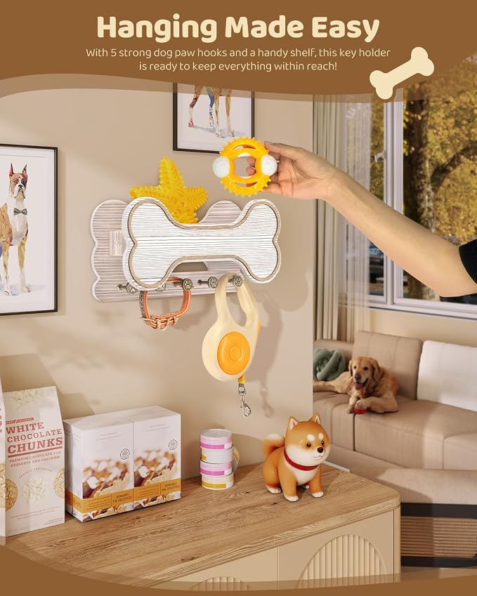Decorative Dog Leash Holder for Wall - Creative Doggie Bone Shape Key Holder Wall Mount with Dog Stuff Storage Shelf & 5 Cute 3D Puppy Paw Hooks - Ideal for Room Decor (White) - Image 3
