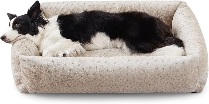 JOEJOY Dog Bed Medium Size Dog, Removable Washable Cover Orthopedic Soft Pet Bed, Anti-Slip Fluffy Plush Faux Rabbit Fur Puppy Bed, 30"x24"x8", Leopard Print, Beige by JOEJOY