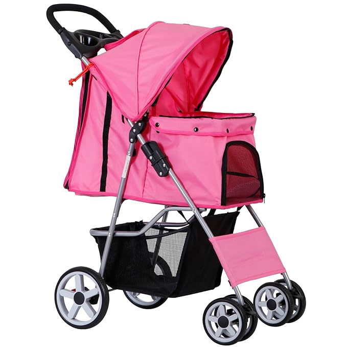 Pet Stroller 4 Wheels Dog Cat Stroller for Small Medium Dog Cats Carrier Jogger Travel Foldable Puppy with Storage Basket and Cup Holder (Pink)