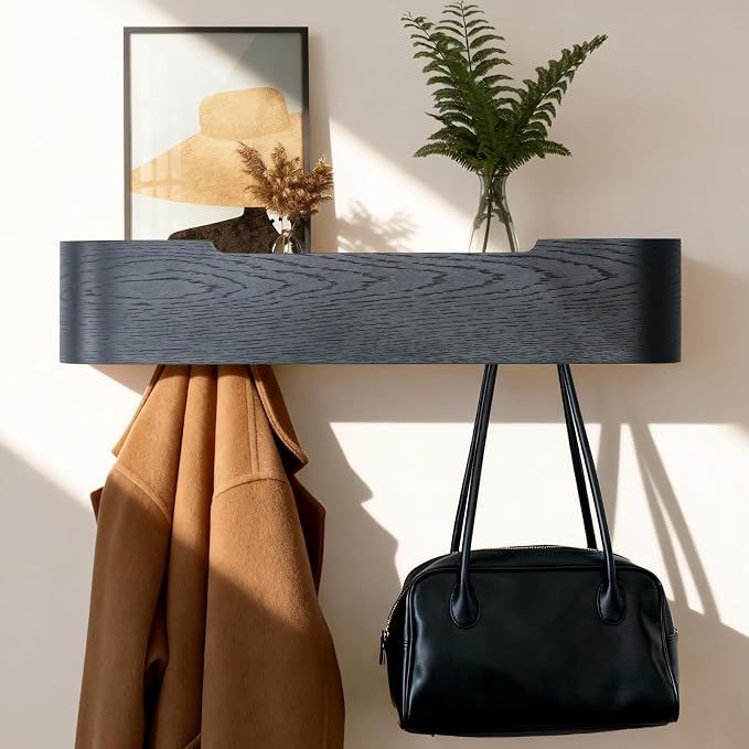 Coat Rack Wall Mount with Shelf Entryway Shelf Modern Key Holder Hanger Wall Shelves with Hidden Hooks for Hanging Towels Coats Hats Bags for Hallway Bathroom Bedroom (Black, 5 Hooks) by FURNAWAY