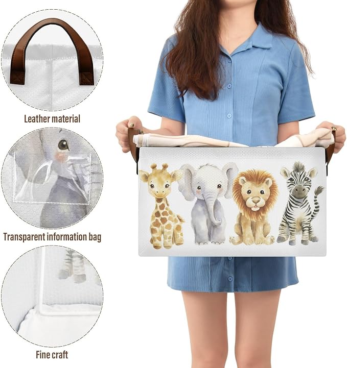 Watercolor Jungle Animal Cute Wildlife Storage Basket for Baby with Handles&Label Rectangular Waterproof Nursery Storage Bins Collapsible Organizer Baskets for Kids Cloth Gift Toys Laundry Shelf, 2 PC - Image 4