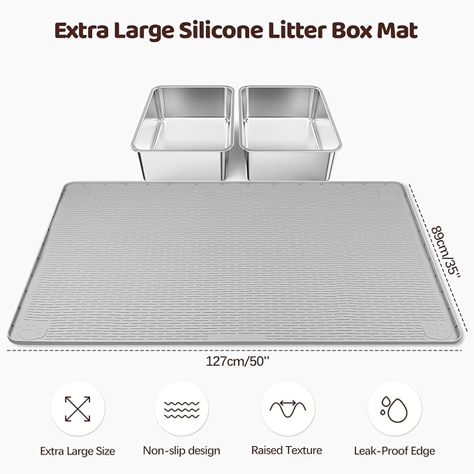 Silicone Cat Litter Mat for Litter Box 50”x35” Large Cat Mat, Light Grey | Waterproof, Non-Slip, Leak-Proof Rug Mat with Lip, Easy to Clean, Extra Large Litter Catcher Mat for Floor - Image 2
