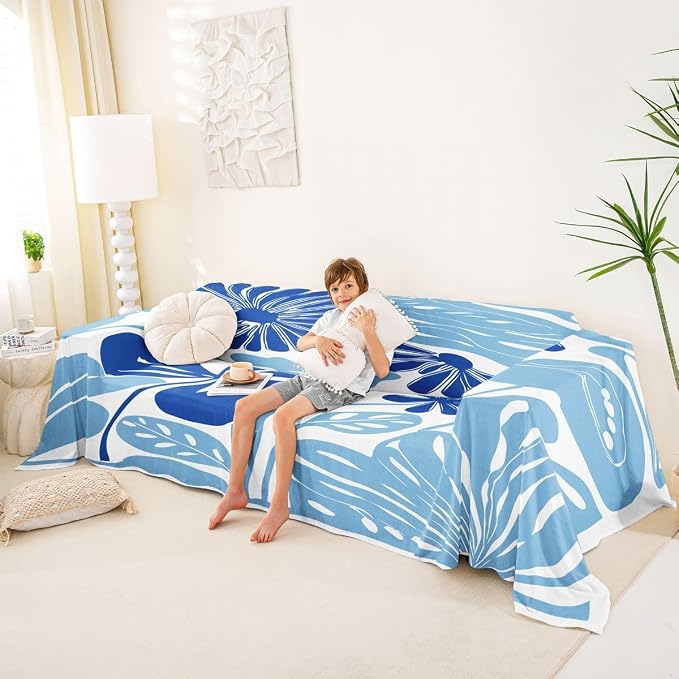 Erosebridal Abstract Blue Flower Couch Cover Boho Floral Sofa Cover Retro Vintage Aesthetic Couch Protector for Women Adult Modern Minimalist 70S Washable Non Slip Sofa Slipcover, 91" X 150" - Image 4