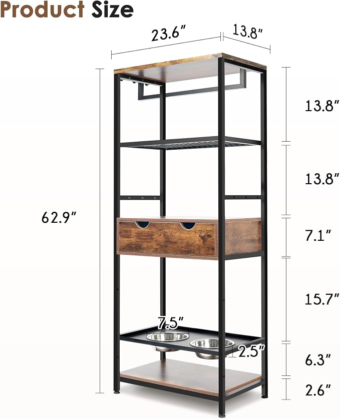 Dog Feeding Station Storage Furniture Shelves with Drawer, 3 Levels Height Adjustable Raised Dog Bowls - Image 5