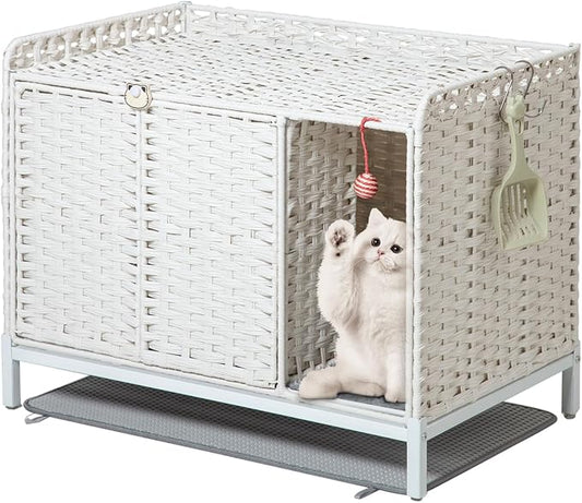 SETVSON Cat Litter Box Enclosure Furniture with Divider, Hidden House White | Handwoven PE Rattan with Washable Mat, 3.54-In Heightened Metal Feet, 31.2 x 19.6 x 24.2 Inches Spacious Cabinet by SETVSON