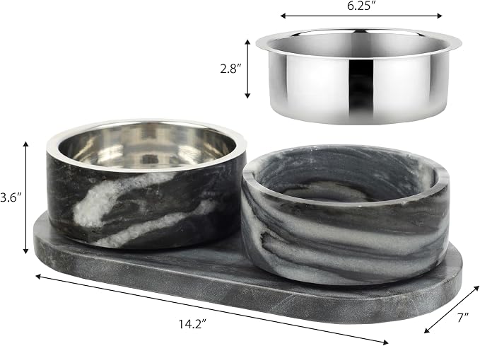 DBL1000D Marbre Small/Medium Modern Weighted Double Marble and Stainless Steel Bowl 12oz (1.5 Cups) Feeder with Non-Slip Marble Tray Set, Black/White - Image 5