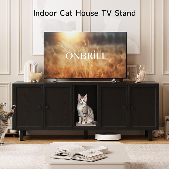 ONBRILL 63 Inches Cat Litter Box Enclosure for 2 Cats, Hidden Litter Boxes Furniture with Cat Scratch Pad, Large Indoor Pet House with Double Room, Wooden TV Stand Side Table, Black - Image 3