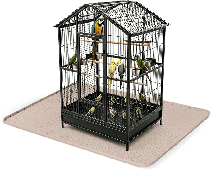 Silicone Bird Cage Mat 50" x 35" Under Crate Floor Protector, Khaki | Extra Large Waterproof Bird Cage Liner with Raised Edges, Non-Slip Under Crate Mat for Dog Cages, Kennels, Reptile Aquariums by Bartuke