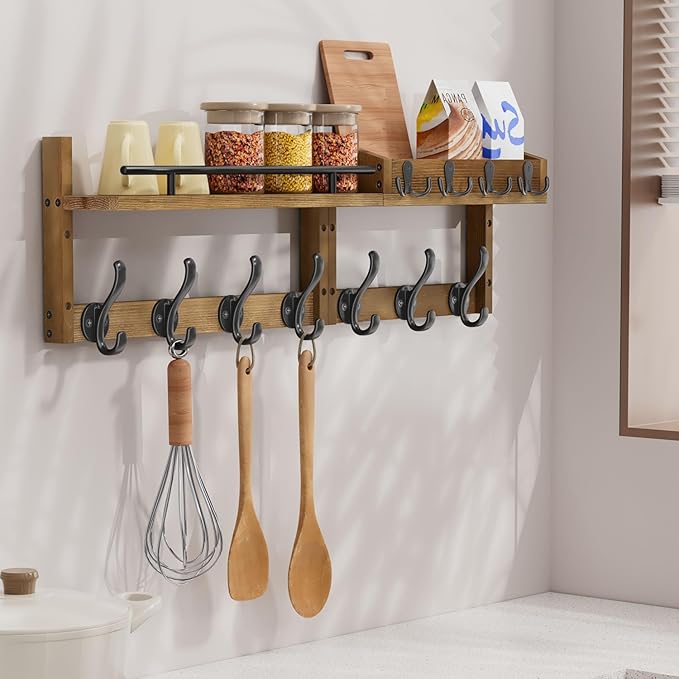 29 inch Coat Rack Wall Mount with Shelf, Entryway Wall Shelf with Hooks, Heavy Duty Coat Hanger Wall Mount with Key Holders and Mail Organizer for Living Room, Bedroom, Brown - Image 5