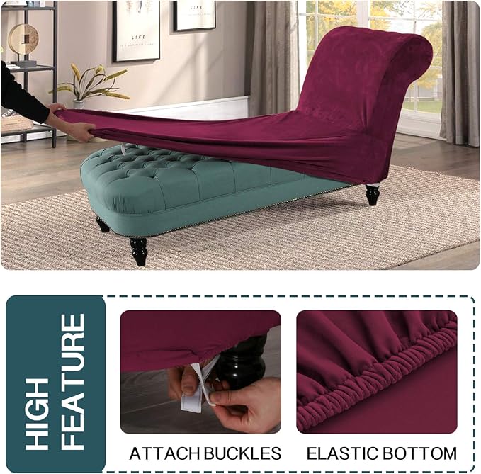 FantasDecor Chaise Lounge Velvet Luxury Covers for Living Room Indoor Stretch Slipcover for Chaise Lounge Ultra Soft Machine Washable, Burgundy - Image 4
