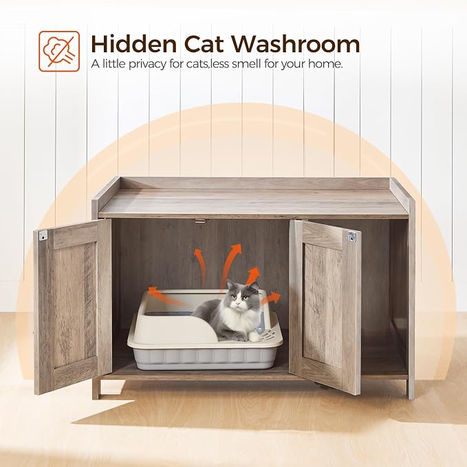 MAHANCRIS Cat Litter Box Enclosure, Hidden Litter Box Furniture with Divider, Indoor Cat House, Wooden Cat Washroom Storage Cabinet Bench, Side End Table Nightstand, Greige CWHG2501Z - Image 6