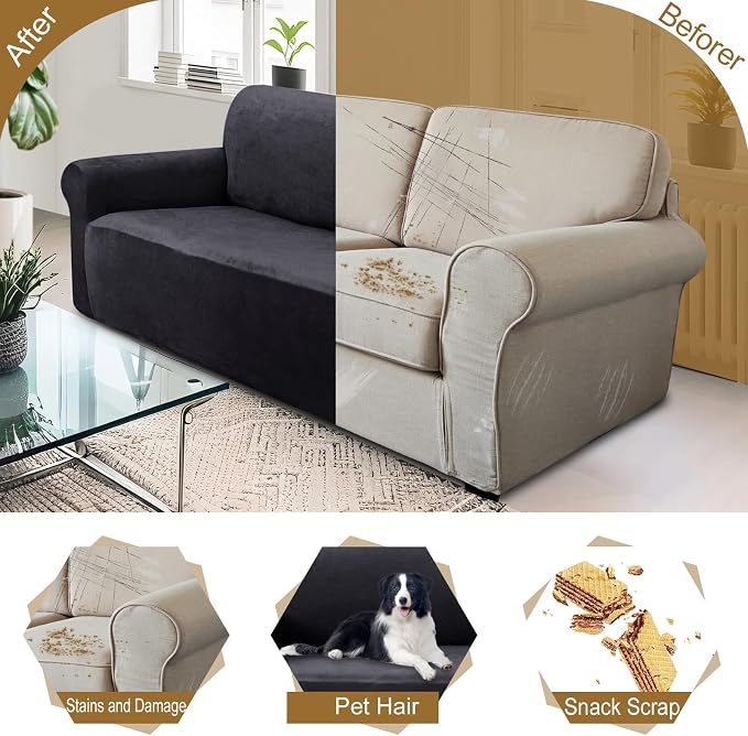 U-NICE HOME Velvet Sofa Covers Stretch Couch Covers for 3 Cushion Couch Furniture Protector Sofa Slipcover (XL Large, Dark Grey) - Image 5