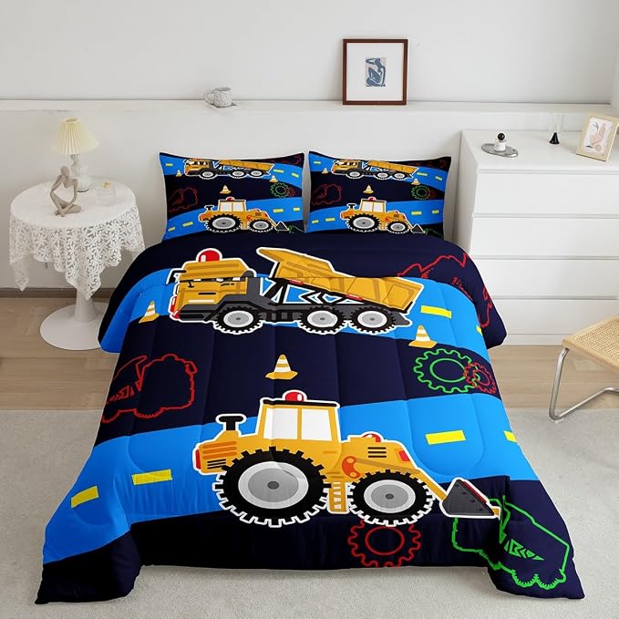 Kids Excavator & Construction Vehicle Bedding Set - Queen Size Comforter, Duvet & Quilt Set - Cartoon Trucks, Bulldozers & Tractors - Colorful by Erosebridal