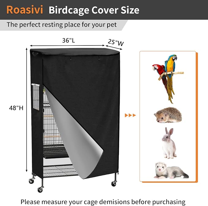 Roasivi Universal Large Birdcage Cover Black Out and Breathable Cages Cover for Parrots and Other Small Animals Durable Waterproofing Washable Material 36" L x 25" W x 48" H Black - Image 2