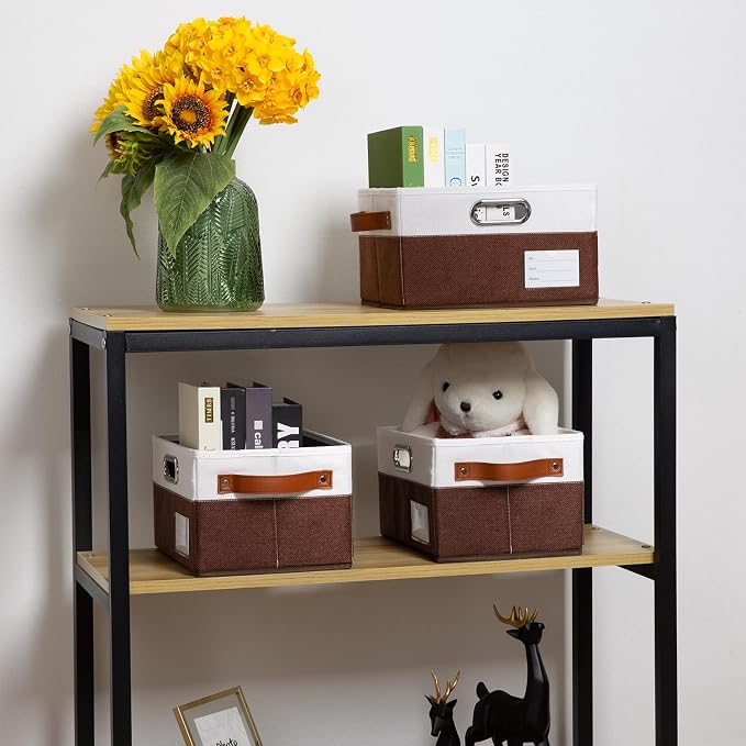 PRANDOM Foldable Storage Bins with Handles [3-Pack] Fabric Collapsible Storage Boxes Baskets Cubes Containers with Handles for Closet Living Room Bedroom (Brown & White 11.5x8.5x6.7'') - Image 2