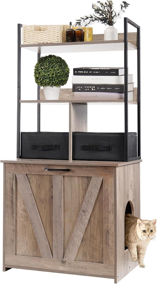 DWANTON Litter Box Enclosure with 2 Storage Shelves and 2 Drawers, 2-in-1 Hidden Cat Litter Box Enclosure Furniture with Shelf, Reversible Entrance, Washable Drawers, 50-Inch, Greige by DWANTON