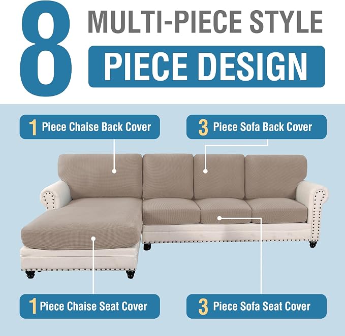 H.VERSAILTEX Sectional Couch Covers 8 Pieces Stretch Sofa Covers for Sectional Sofa Set Separate L Shaped Couch Cover for Both Left/Right Couch (Seat and Back: 1 Chaise + 3 Sofa, Sand) - Image 3