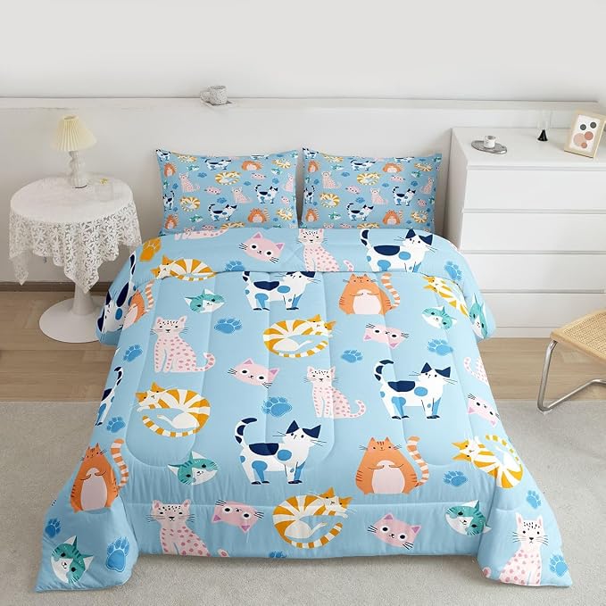 Feelyou Queen Size Cute Colorful Cat Bedding for Kids Teen Girls Room Decor Cat Comforter Set Kawaii Blue Pink Kitten Quilt Feline Paw Bed Sets Ultra Soft Microfiber with 3 Piece - Image 7